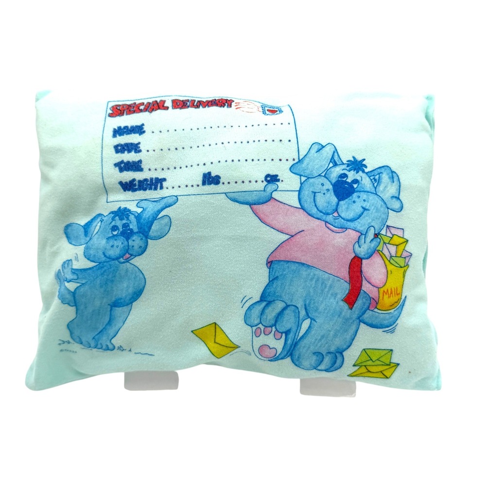 Vintage Birth Announcement Pillow Small Blue Vintage 1980s